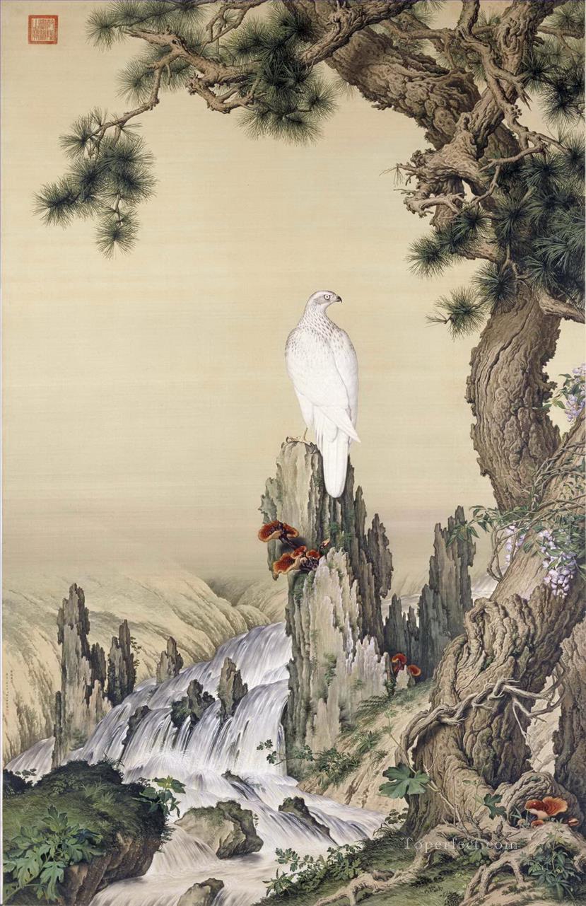 Lang shining white bird near waterfall old China ink Giuseppe Castiglione Oil Paintings